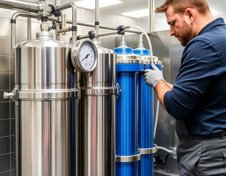 Technician checking pressure on a commercial water purification system