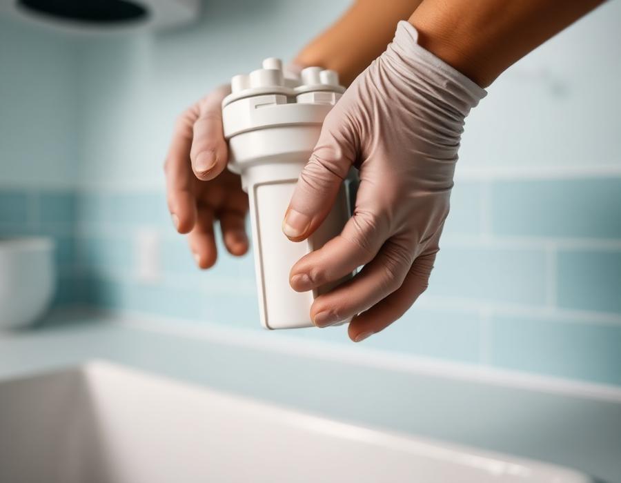 Hands holding a replacement RO sediment filter cartridge during a service visit