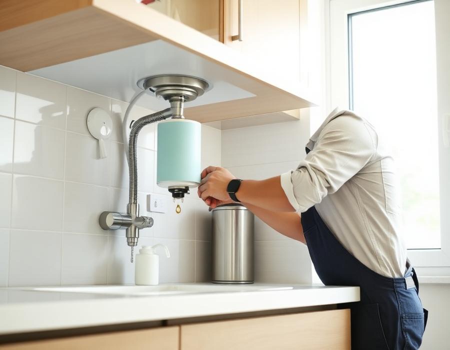 Technician installing a new water purifier and connecting the inlet line
