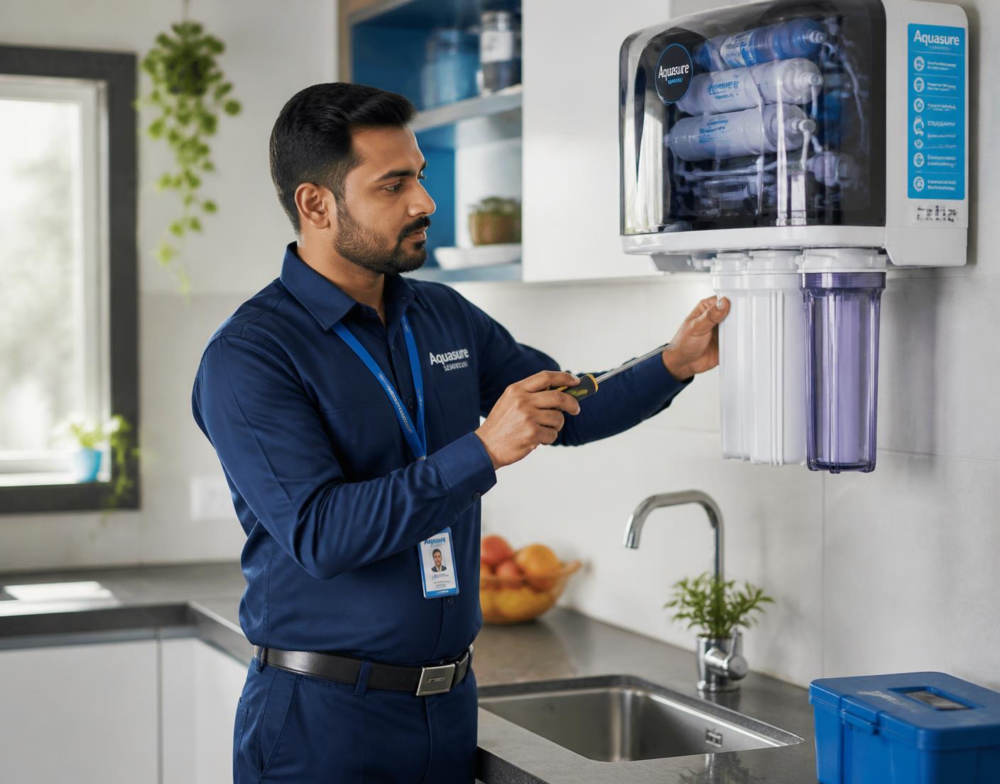 Technician diagnosing a wall-mounted RO water purifier in a Kanpur kitchen