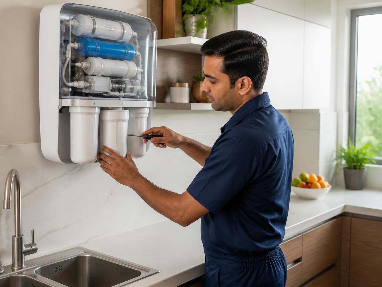Technician diagnosing a wall-mounted RO water purifier in a Kanpur kitchen